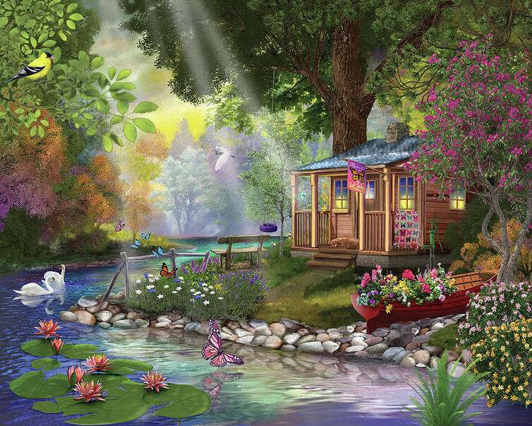 drăguță casă în pădure cu râu și rătuci puzzle online