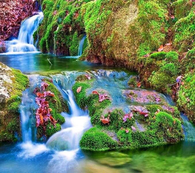 vackra vattenfall i skogen Pussel online