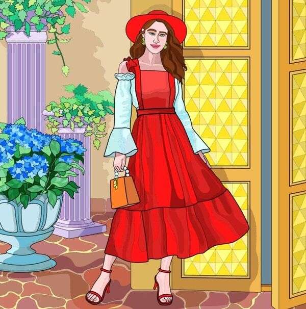 Garota de vestido vermelho posando para foto puzzle online
