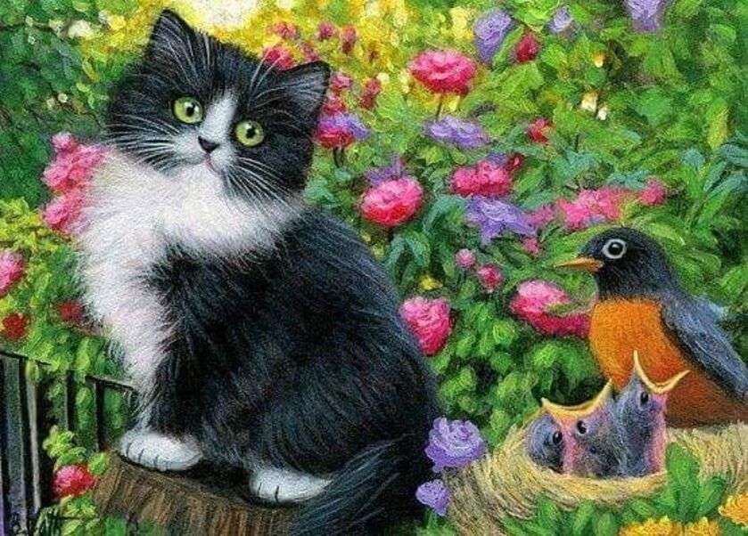 Kitten in het gezelschap van kleine vogels online puzzel