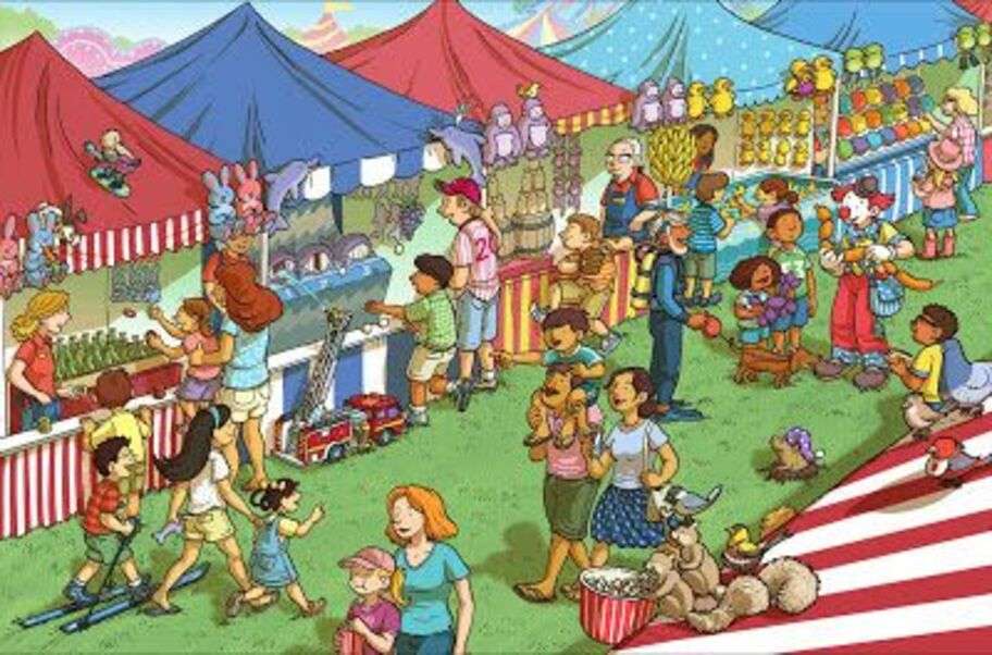 Adults and children at carnival fair jigsaw puzzle online