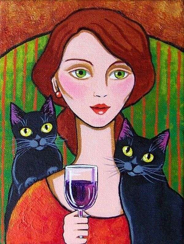 Doamnă cu pisici și o băutură rece puzzle online