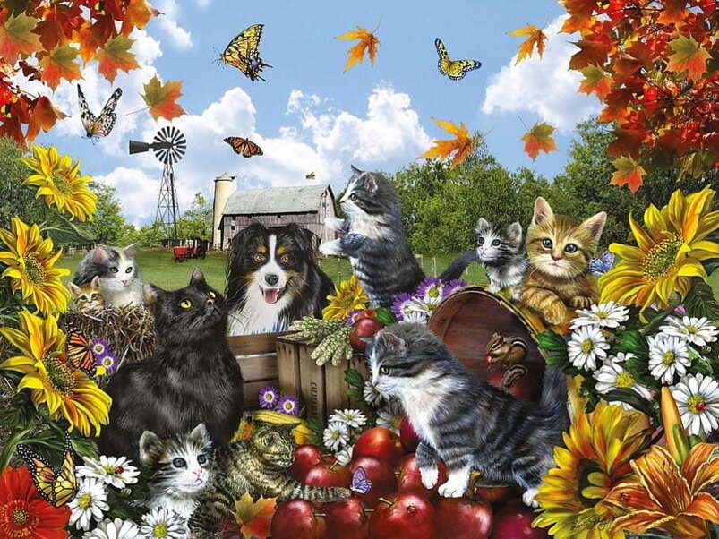 Кученцата и котенцата се радват на пеперуди онлайн пъзел