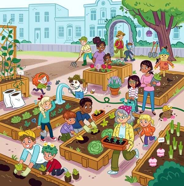 Niños siembran vegetales y plantas rompecabezas en línea