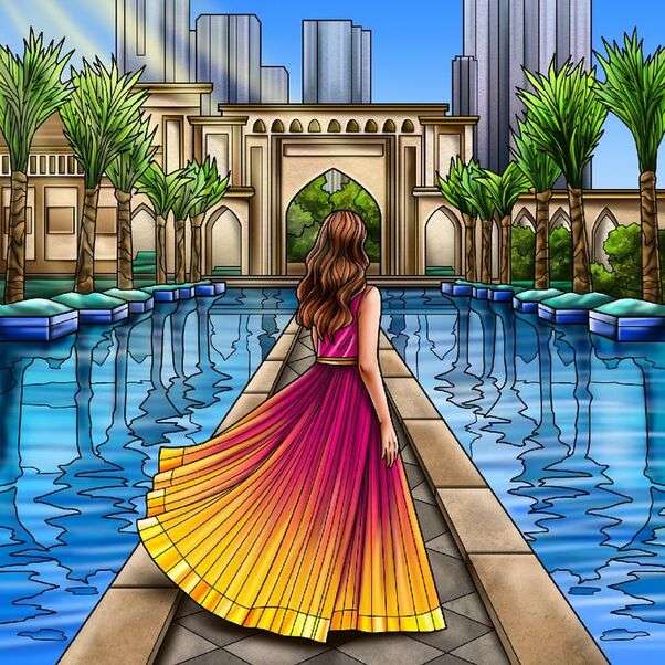 La ragazza cammina lungo la navata della fontana puzzle