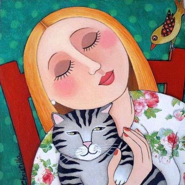 A menina abraça o gatinho com os olhos fechados puzzle online