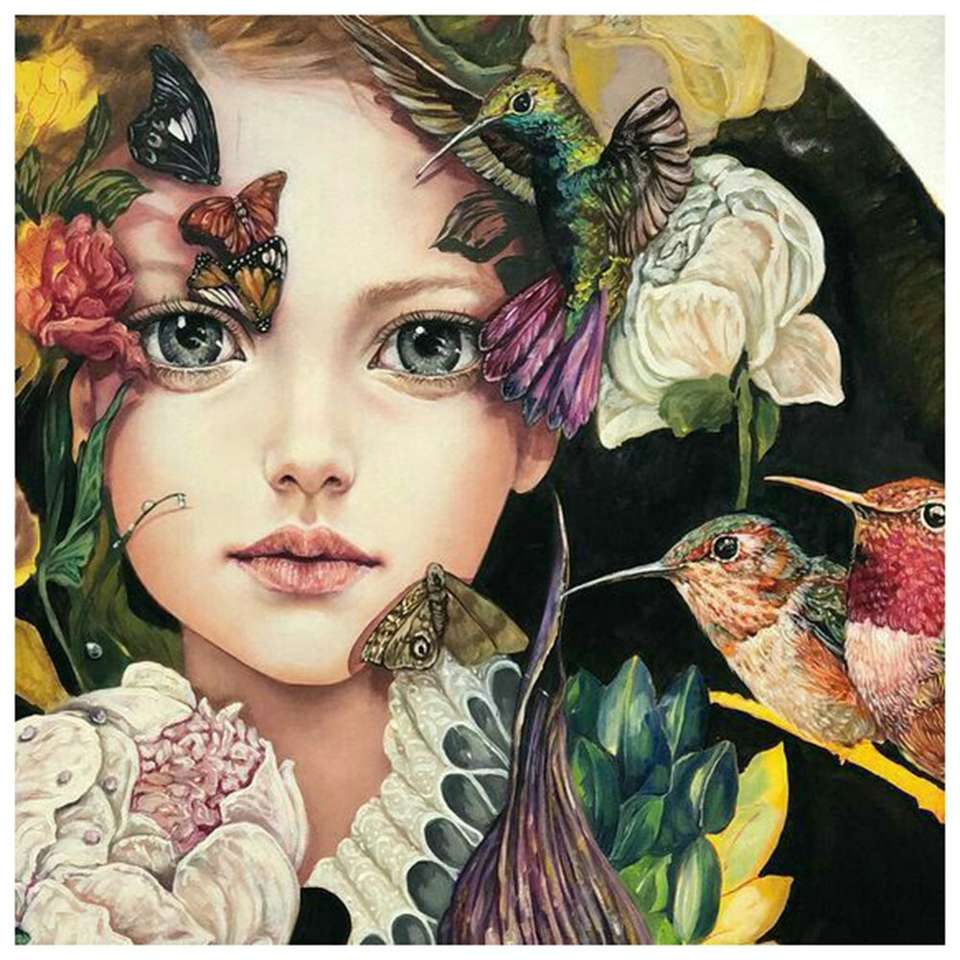 face of a girl among little birds online puzzle