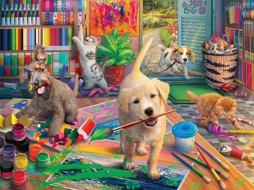 cachorros e gatos pintando puzzle online
