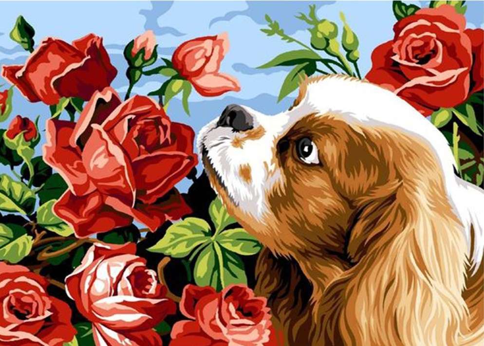 puppy die aan de rozen ruikt legpuzzel online