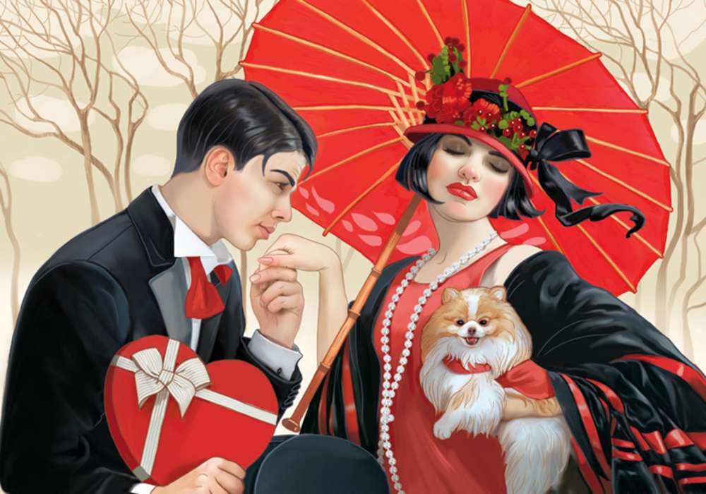 lady with red umbrella with dog jigsaw puzzle online