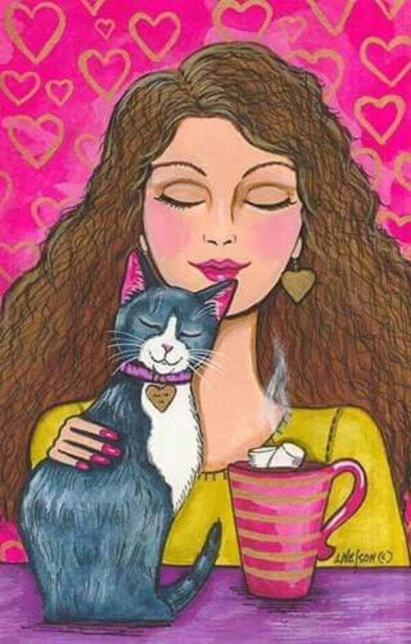 Момиче се наслаждава на кафето си с котенце онлайн пъзел
