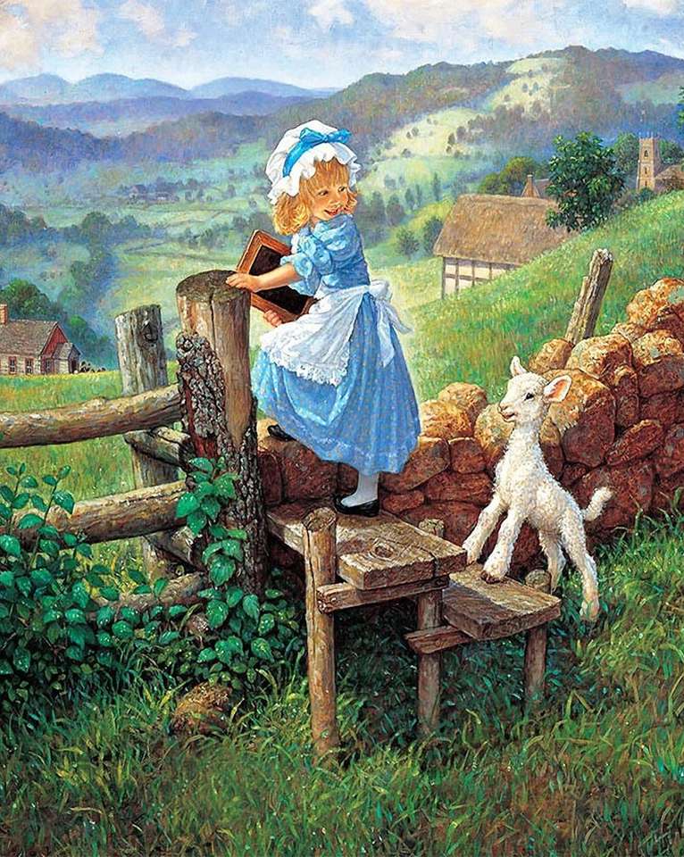 fille avec petit agneau dans le champ puzzle en ligne
