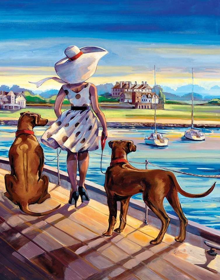 donna che cammina cani sulla spiaggia puzzle online