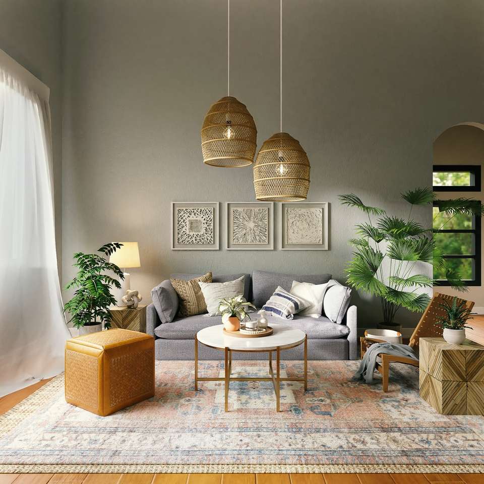 woonkamer met bruine houten tafel en stoelen online puzzel