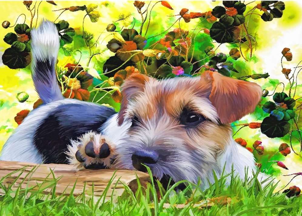 krásné štěně mezi květinami online puzzle