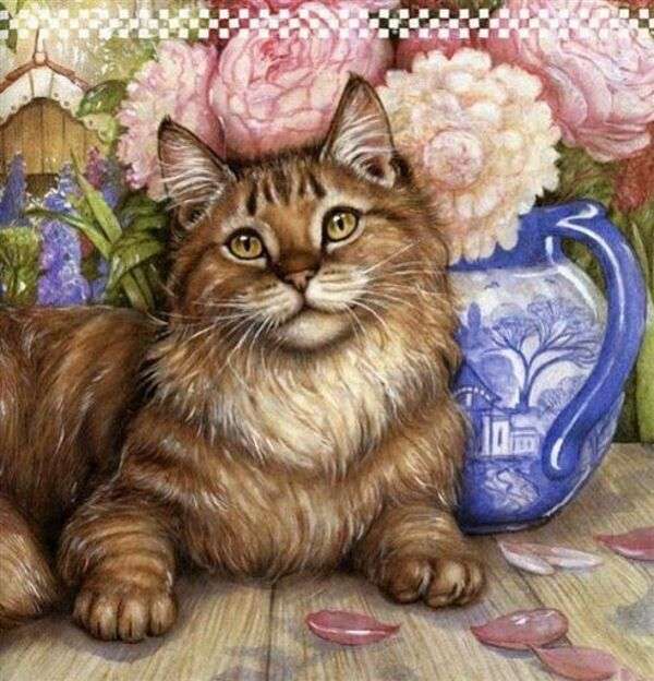 Красивый пушистый котенок возле вазы онлайн-пазл