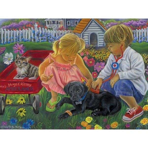 Little boys petting a puppy jigsaw puzzle online