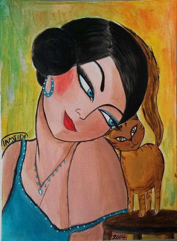 Nostalgisk dam med sin kattunge pussel på nätet