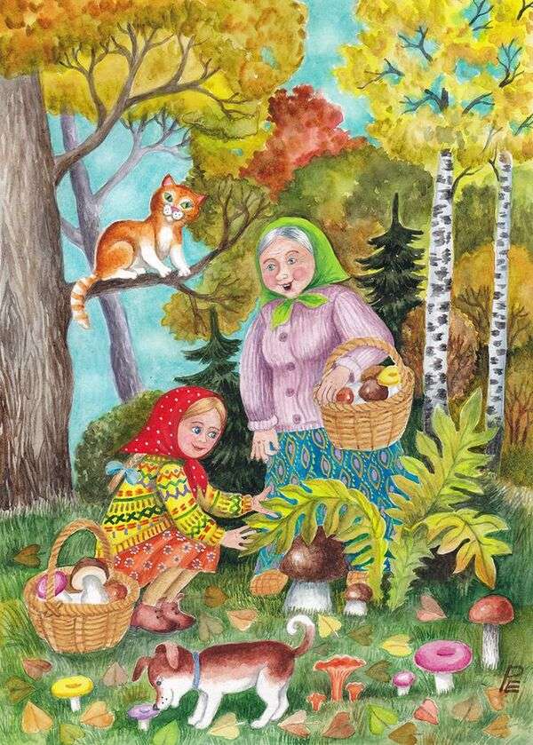 Oma en kleindochter in het bos legpuzzel online