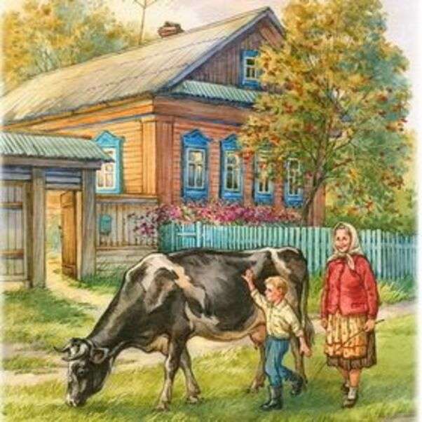Бабушка с внуком прибывают быком онлайн-пазл