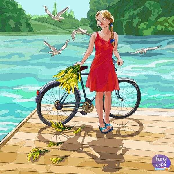 Κορίτσι σε ένα ποδήλατο στη γέφυρα παζλ online