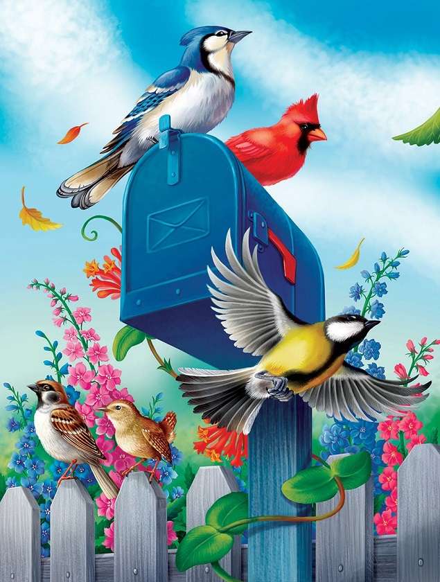petits oiseaux dans la boîte aux lettres bleue puzzle en ligne