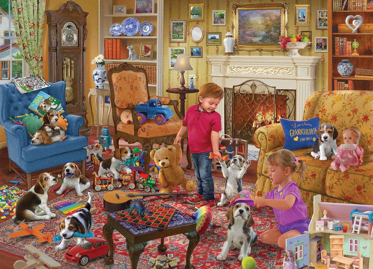 copii care se joacă cu animalele în sufragerie jigsaw puzzle online