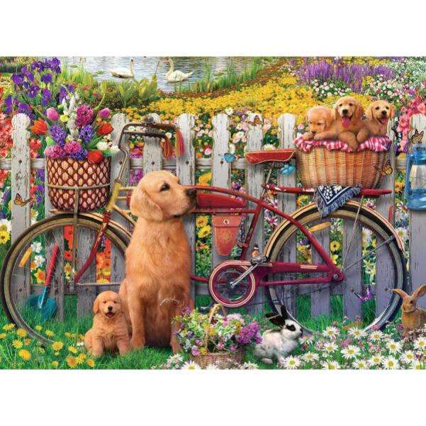 Chiens à côté d'un vélo avec des fleurs #1 puzzle en ligne
