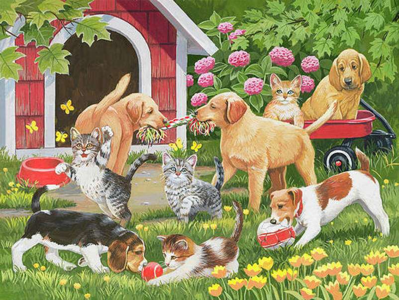 Pups en kittens spelen in de tuin legpuzzel online