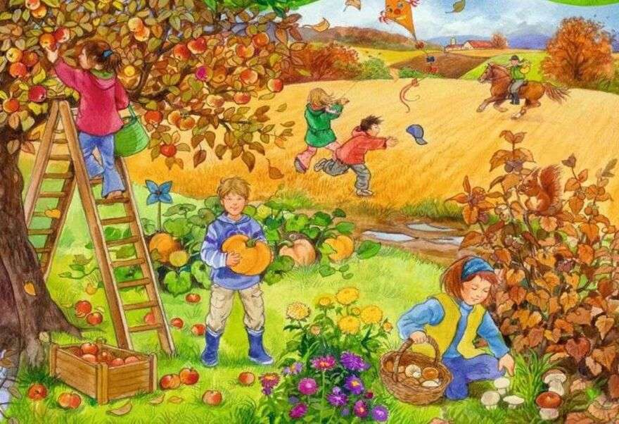 Children on the farm collecting fruits online puzzle