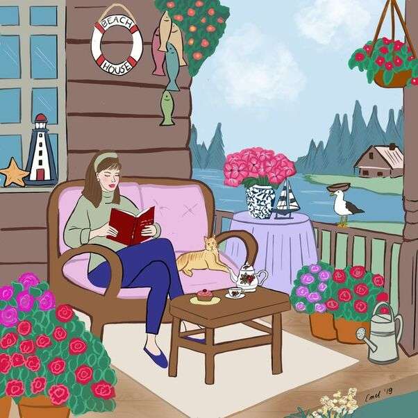 Lesende Dame auf der Terrasse Puzzlespiel online