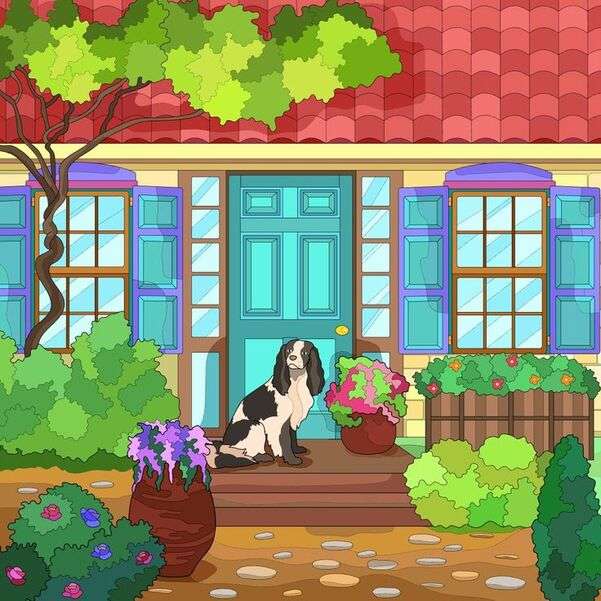 Cachorrinho sentado na entrada da casa puzzle online