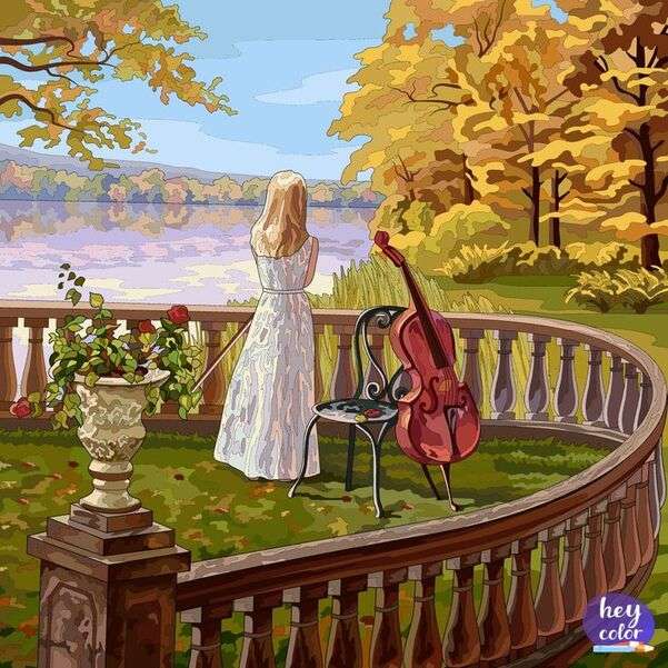 Flicka spelar fiol på terrassen Pussel online