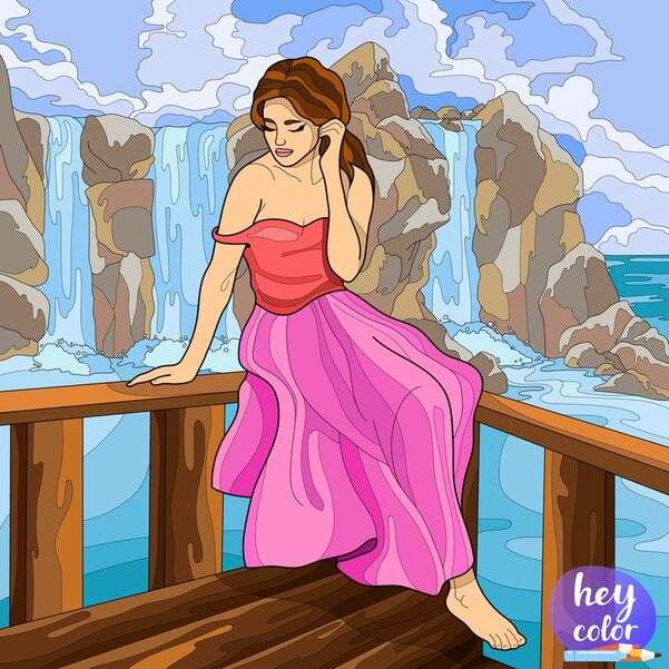 La ragazza guarda la cascata dal suo balcone puzzle online