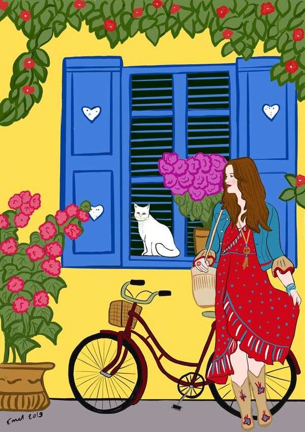 友達を待っている彼女の自転車の女の子 ジグソーパズルオンライン
