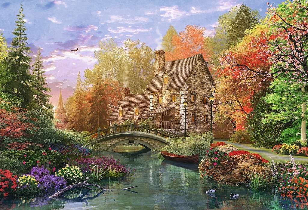 Maison au bord de la rivière avec un pont puzzle en ligne