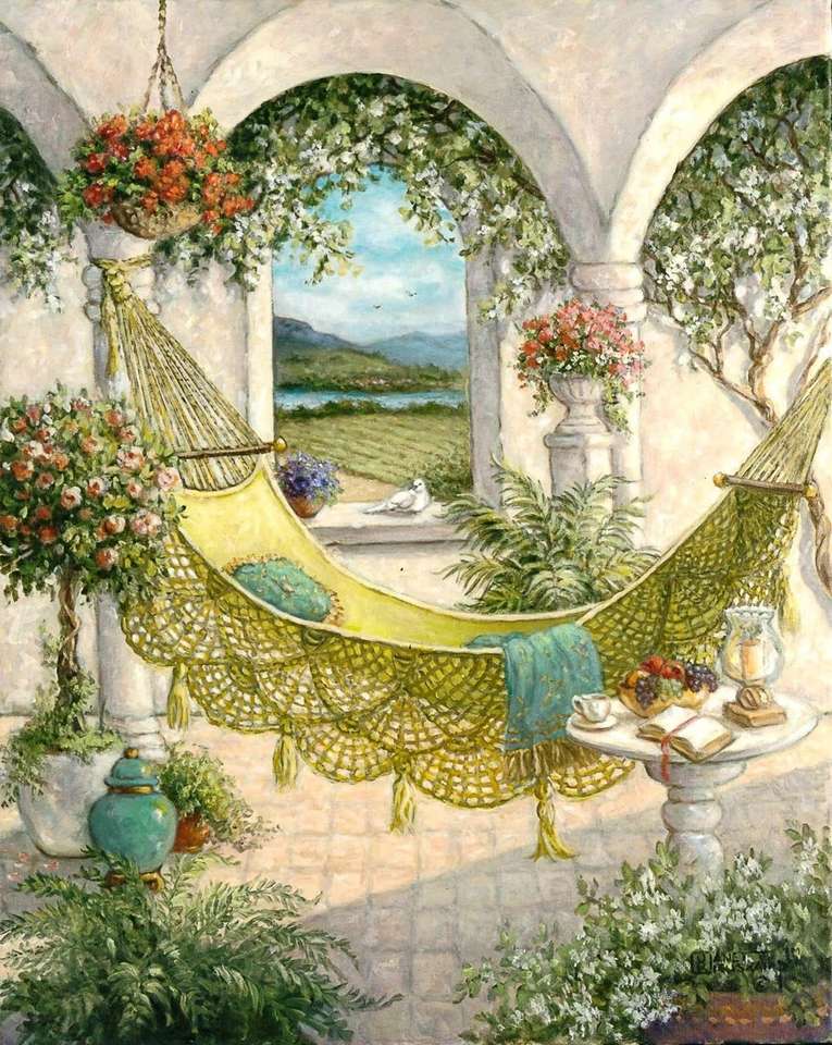 Siesta on the patio on a hammock - Large format online puzzle