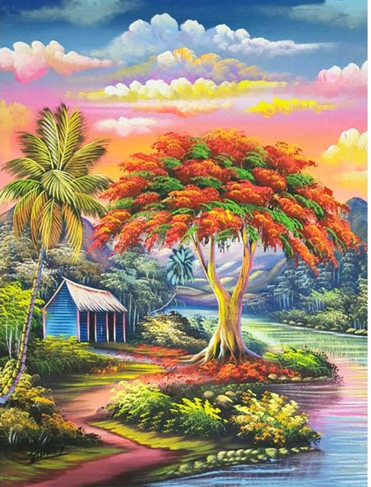 kleurrijke boom naast hut online puzzel