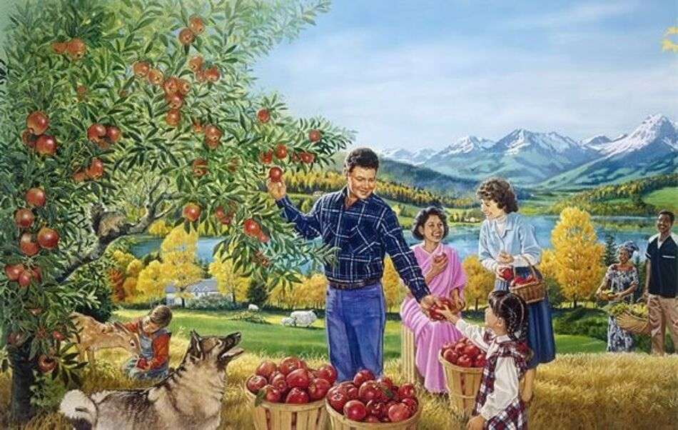 Les gens cueillent des pommes dans le champ puzzle en ligne