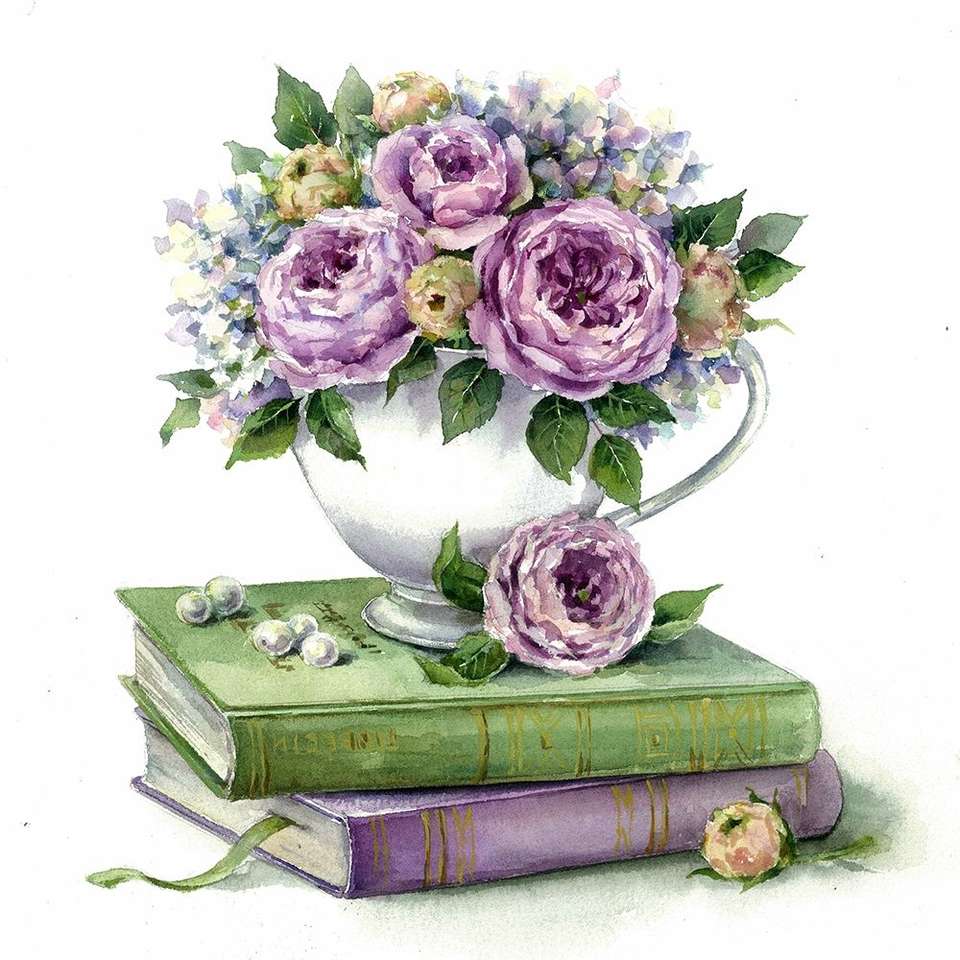 Blumenstrauß aus lila Ranunkeln auf Büchern Puzzlespiel online