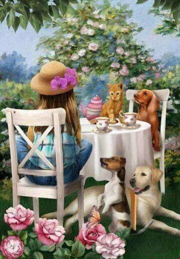 Little girl has breakfast with her pets online puzzle