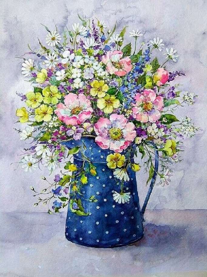 Bouquet champêtre dans pichet émaillé bleu roi puzzle en ligne