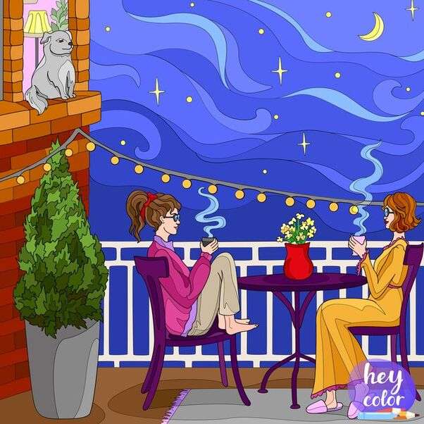 Girlfriends drink coffee on the balcony jigsaw puzzle online