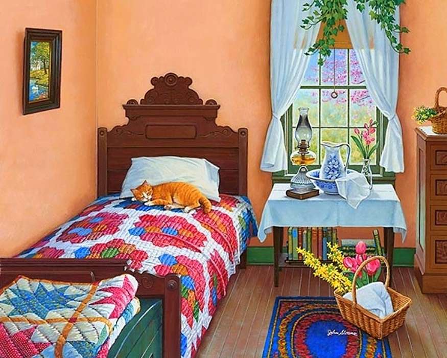 camera da letto con gatto a letto puzzle online