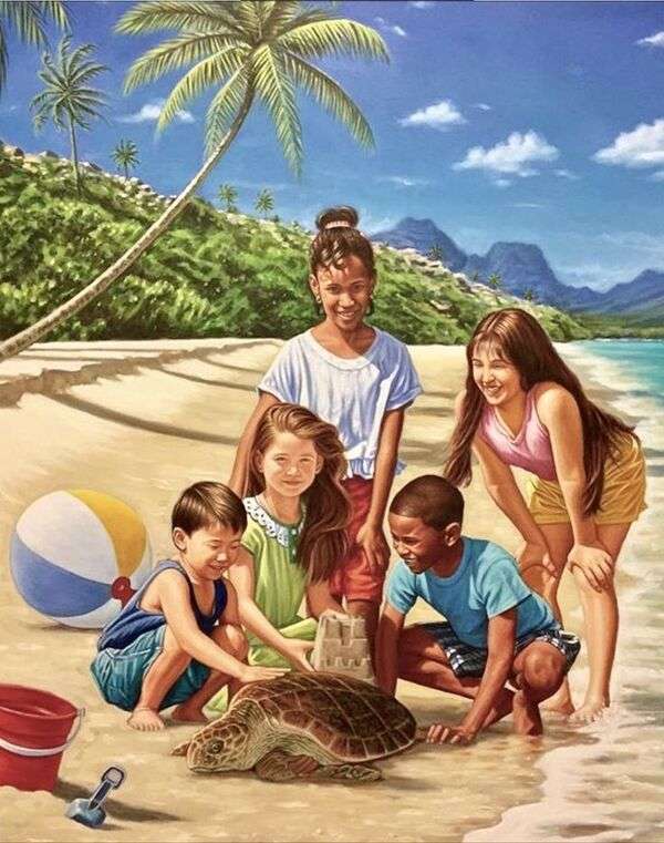 Kinder streicheln eine Schildkröte am Strand Puzzlespiel online