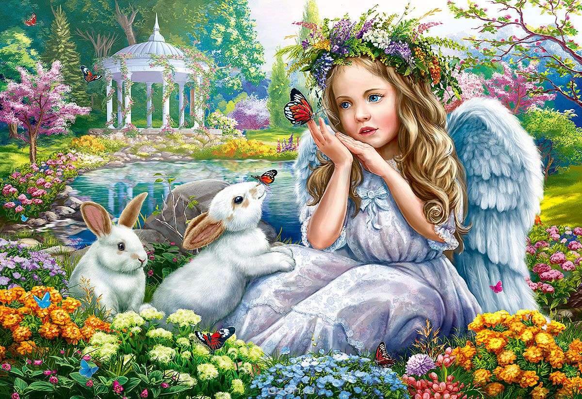 petit ange et lapins dans le jardin puzzle en ligne