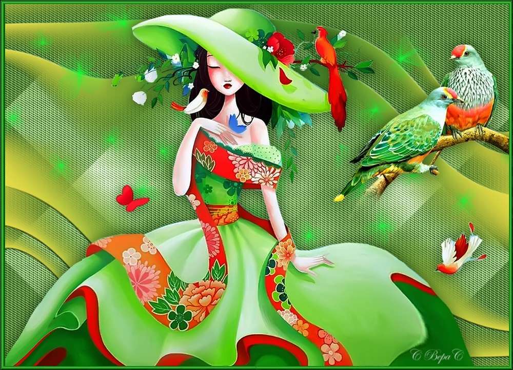 girl in green with birds jigsaw puzzle online