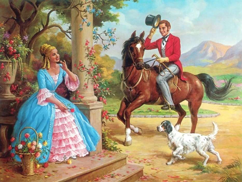 caballero en caballo saludando a una dama rompecabezas en línea