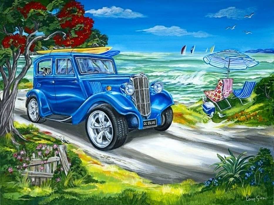 blaues Auto in der Nähe des Strandes Puzzlespiel online