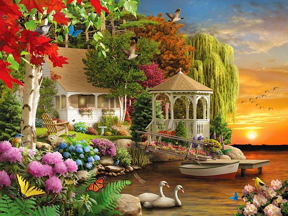 huis met tuinhuisje aan het meer online puzzel